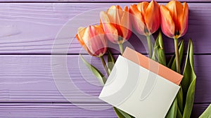 Vibrant Orange Tulips with Blank Greeting Card on Purple Background