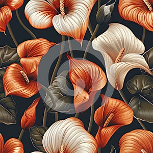 Vibrant Orange and White Floral Pattern Brightens Dark Background with Green Leaves photo