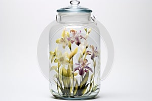 Vibrant Orchids glass jar. Generate Ai