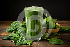 Vibrant Organic green spinach smoothie glass on wooden table. Generate ai