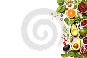 Vibrant organic products on white background