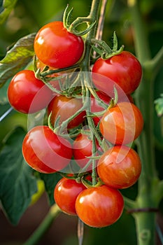 Vibrant organic tomato plant thriving in carefully controlled greenhouse setting