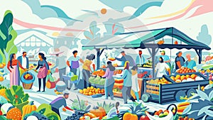 Vibrant Outdoor Farmers Market Scene with Bustling Shoppers photo