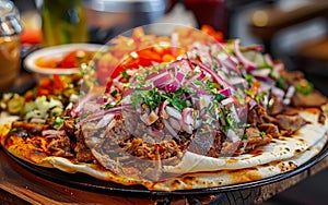 A vibrant and overloaded shawarma plate, bursting with colors and flavors, showcased in a cozy dining setting with a