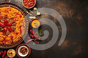 Vibrant Paella Showcase Amidst a Bustling Spanish Marketplace