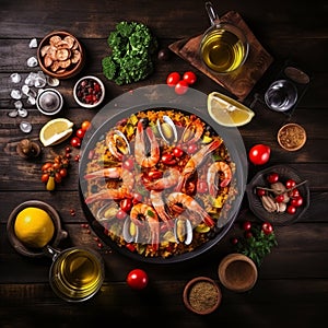 Vibrant Paella Showcase Amidst a Bustling Spanish Marketplace