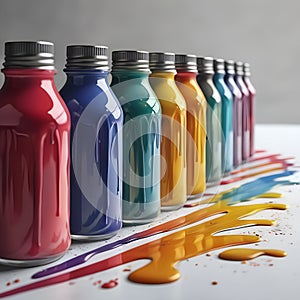 Vibrant paint bottles leaking a beautiful mix of colorful paints , Ai-Generated Images