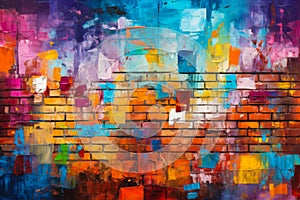 Vibrant paint splash grungy brick wall illustration.