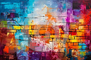 Vibrant paint splash grungy brick wall illustration.