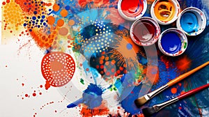 Vibrant paint splashes and dots with open paint cans and brushes, a dynamic and colorful art background