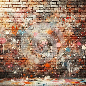 Vibrant paint splatters adorn an old brick wall, creating a colorful, abstract scene