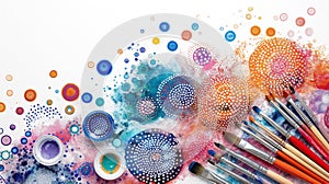 Vibrant paint splatters and dots with brushes on white, a burst of creative energy