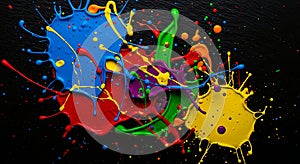 Vibrant paint splatters explode on a dark canvas