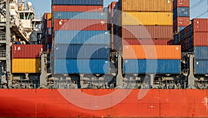 Vibrant painted container ship hull with colorful cargo containers casting long shadows