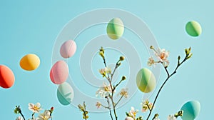 Vibrant painted Easter eggs among delicate spring blossoms against a sky-blue background