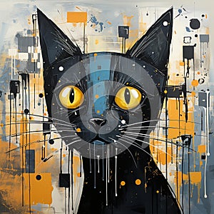 Vibrant painting of a black cat with striking yellow eyes, AI-generated.