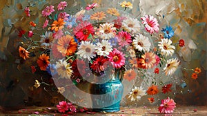 Vibrant Painting of a Blue Vase With Colorful Flowers