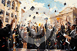 A vibrant painting capturing the exhilarating moment as graduates joyfully throw their caps in celebration of their achievements,