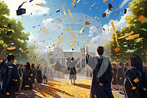 A vibrant painting capturing the joyful moment when a group of graduates throw their caps in celebration, A graduation ceremony on