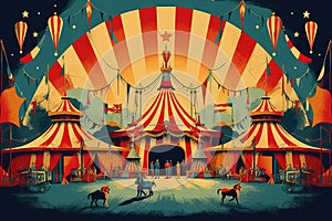 A vibrant painting capturing the lively scene of a circus with horses and people performing under a big top tent, Retro-style