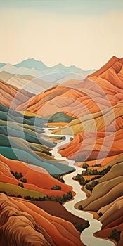 Contemporary Chicano Painting: River In Valley With Foothills And Mountains photo