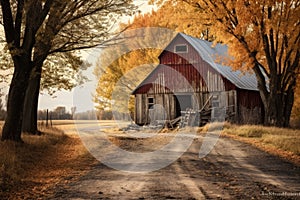 A vibrant painting capturing the rustic beauty of a red barn nestled in a scenic country setting, An old, rustic barn in an autumn