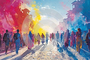 A vibrant painting of a crowd of people immersed in the Holi Festival of Colors