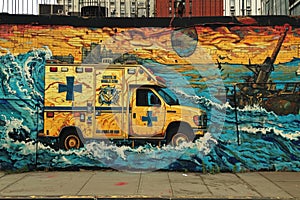 A vibrant painting depicting an ambulance parked right in front of a colorful wall, A graffiti-style depiction of emergency