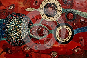 A vibrant painting featuring a multitude of colors and shapes, An ethnic painting showcasing the functions of different blood