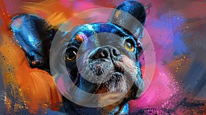 A vibrant painting of a French Bulldog looking up with curiosity and a colorful background