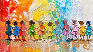 Vibrant painting of a line of diverse children holding hands.