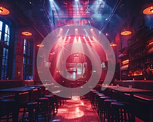 Vibrant Painting of Nightlife Scene with Empty Concert Stage, Crowded Bar, Late Night Lighting, and God Rays
