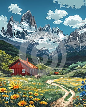 Vibrant Painting of a Red House Amidst Flowers in Argentinas Scenic Landscape