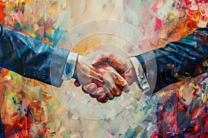 Vibrant painting of two businessmen shaking hands, symbolizing partnership and agreement