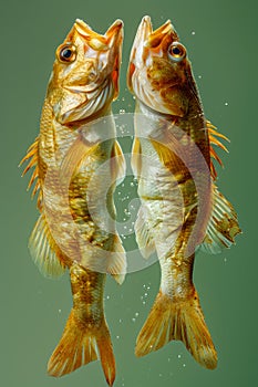 Vibrant Pair of Freshwater Fish Suspended in Water with Bubbles Isolated on Green Background