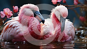 A vibrant pair of macaws perching on a branch, eating generated by AI