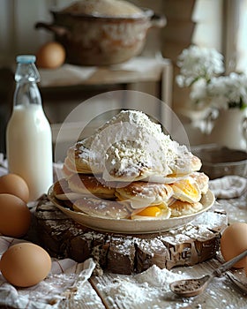 Vibrant Pancake Still Life Painting: Hyper-Realistic Flour, Milk, Sugar, Eggs, and Pancakes