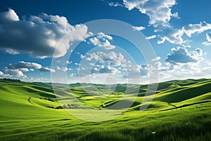 Vibrant panorama Green field grass hills landscape in a realistic illustration