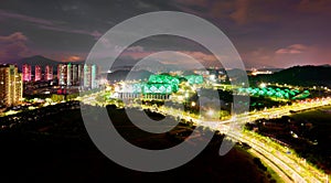 Vibrant panoramic view of typical Chinese landscape with residential buildings and high ways