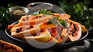 Vibrant Papaya Slice On Plate With Parsley - Stock Photo