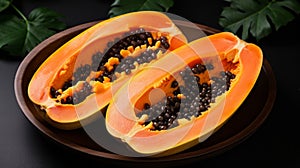 Vibrant Papaya Slices On Brown Plate - Exotic And Raw