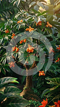 Vibrant papaya tree, lush tropical leaves, symbol of exotic opulence
