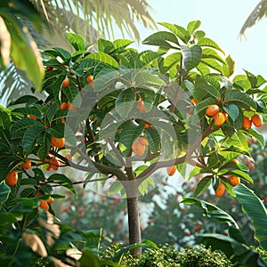 Vibrant papaya tree, lush tropical leaves, symbol of exotic opulence