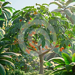 Vibrant papaya tree, lush tropical leaves, symbol of exotic opulence