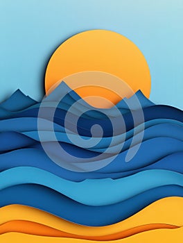 Vibrant paper art landscape featuring rolling waves, mountains, and a warm sun in dynamic travel inspired design photo