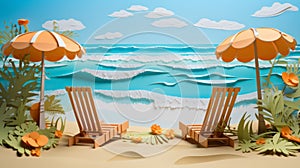 Vibrant paper cut craft trendy summer beach collage in handmade scrapbook art