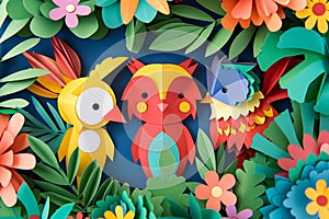 Vibrant paper cut tropical birds and flowers