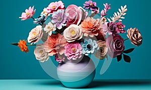 Vibrant Paper Flowers in Decorative Vase Against Teal and Pink Background