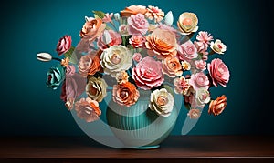 Vibrant Paper Flowers in Decorative Vase Against Teal and Pink Background