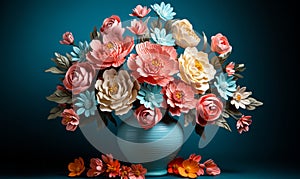 Vibrant Paper Flowers in Decorative Vase Against Teal and Pink Background
